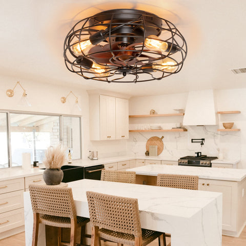 Industrial Black 20 Inch Caged Ceiling Fan With Light in kitchen, low profile flush mount, remote control, visible light bulbs.