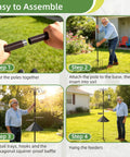 Easy assembly steps for 94 Inch Garden Bird Feeding Station Kit with heavy duty metal squirrel baffle, seed tray, and mesh basket.
