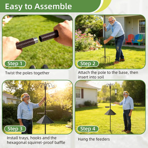 Easy assembly steps for 94 Inch Garden Bird Feeding Station Kit with heavy duty metal squirrel baffle, seed tray, and mesh basket.