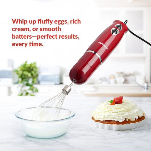 Heavy Duty 4 In 1 Immersion Hand Blender With Rock Solid 500W Motor And Two Speed Settings Featuring Splash Control Tech in use whipping cream.