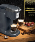 One Touch Single Cup Coffee Brewer With Quick Brew, 12 Oz Grey Coffee Maker on wooden counter with two brewed cups