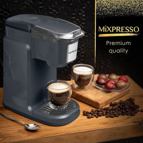 One Touch Single Cup Coffee Brewer With Quick Brew, 12 Oz Grey Coffee Maker on wooden counter with two brewed cups