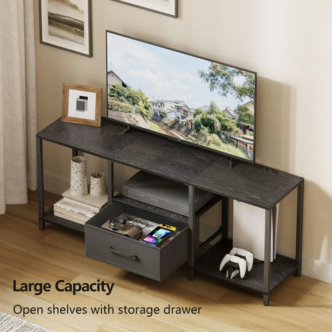 Slick Industrial TV Stand With Fabric Drawer For Fifty Five Inch TV Sweet Entertainment Center With Open Shelves Media Console Table That Definitely Nails The Vibe In Any Living Room Or Bedroom Top Notch Black Build, showcasing a TV on the matte black console with open shelves and a storage drawer.