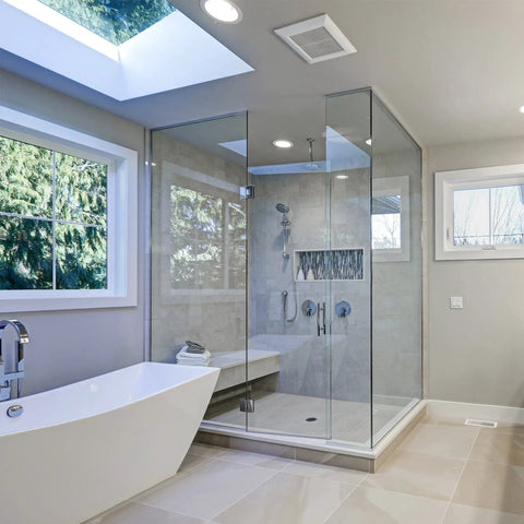 Modern bathroom with glass shower enclosure, separate tub, showcasing Brushed Nickel Delta Tub And Shower Trim Kit Replacement For Monitor 1300 To 1400 And MultiChoice 13 To 14 Series Faucets Plastic Construction Fits Cartridge Style Showers With Or Without Push Button Diverter OEM RP198804