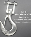 Rock Solid 316 Stainless Steel Clevis Slip Hook With Swivel Lift And Safety Latch 5/16 Inch 1430 Lbs Rigging Accessory close-up view.