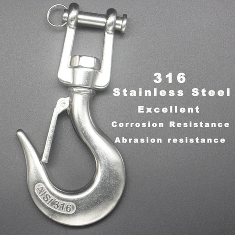 Rock Solid 316 Stainless Steel Clevis Slip Hook With Swivel Lift And Safety Latch 5/16 Inch 1430 Lbs Rigging Accessory close-up view.