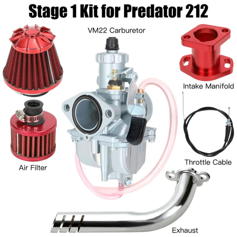 Predator 212 Stage 1 Carburetor Kit Replacement with VM22 carburetor, air filter, throttle cable, intake manifold, and exhaust for engines