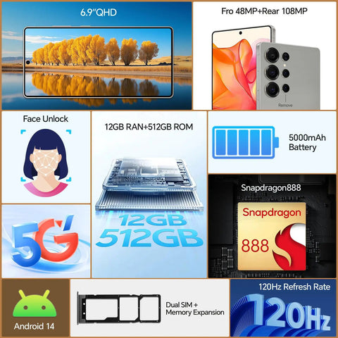 Stacked Unlocked Android Smartphone Going Hard On Snapdragon 888 With 12 Gig Ram And 512 Gig Storage showcasing 6.9" QHD display and features.