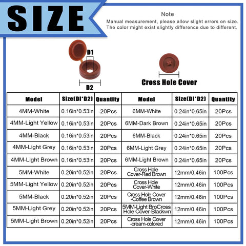 Size chart of Screw Cap Covers Kit 800 Pcs Two Styles Hinged And Snap Covers with 4mm to 6mm sizes in 9 colors.