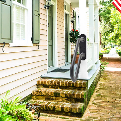 Badass Heavy Duty Wall Mount Handrail For Patio Steps Solid Steel Safety Grab Bar Indoor Outdoor Porch Railing on brick stairs.