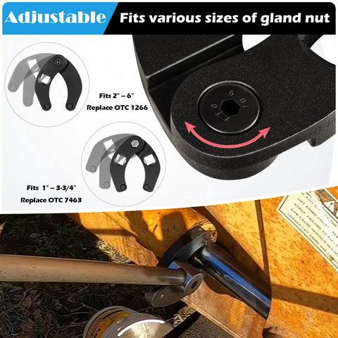 Adjustable Gland Nut Wrench For Hydraulic Cylinders On Farm And Construction Equipment, Reversible Pinholes For One Quarter Inch And Seven Thirty Second Inch, Fits Small Gland Nuts From One Inch To Three And Three Quarter Inch, One Half Inch Drive, shown installed on equipment.