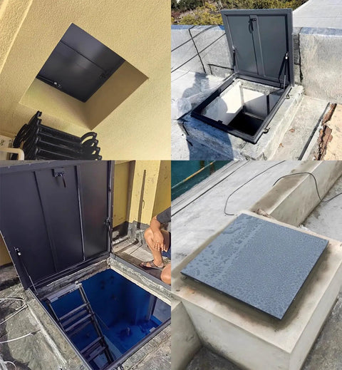 All Weather Heavy Duty Aluminum Roof Hatch Cover Attic Access Lid For Outdoor Roofs And Skylights Rust Resistant Leakproof Seal Emergency Access Yard Ready And School Factory Home Use 65x45cm, open and closed