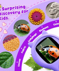 Portable Kids Microscope With 2 Inch Screen And 1080P Autofocus displaying a ladybug, coins, and leaves, STEM Science Kit, Purple.