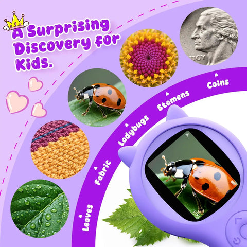 Portable Kids Microscope With 2 Inch Screen And 1080P Autofocus displaying a ladybug, coins, and leaves, STEM Science Kit, Purple.