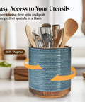 360 Degree Rotating Utensil Holder For Countertop Extra Large Ceramic Caddy In Blue Kitchen Utensil Crock With Tools