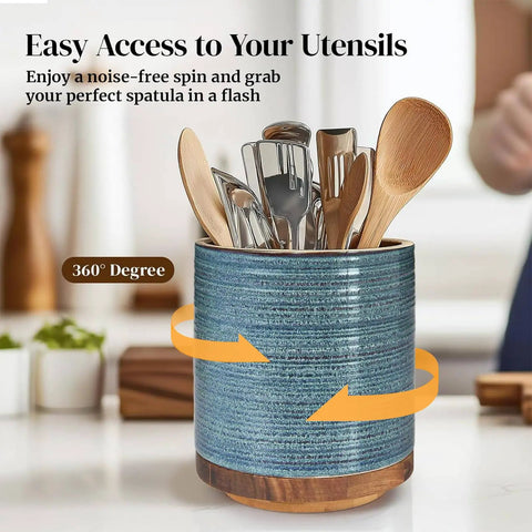 360 Degree Rotating Utensil Holder For Countertop Extra Large Ceramic Caddy In Blue Kitchen Utensil Crock With Tools