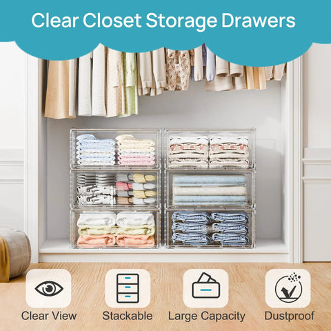 2 Pack Large Clear Stackable Storage Drawers 27Qt Each 54 Qt Total Space Saver Closet Under Bed Organizer Easy Assemble Plastic Storage Bins Dust Proof For Clothing And Sweaters