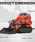 Compact Stand On Crawler Mini Skid Steer Loader With Trencher And 23 HP Gas Engine And Bucket Attachment dimensions illustration