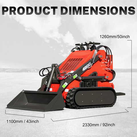 Compact Stand On Crawler Mini Skid Steer Loader With Trencher And 23 HP Gas Engine And Bucket Attachment dimensions illustration