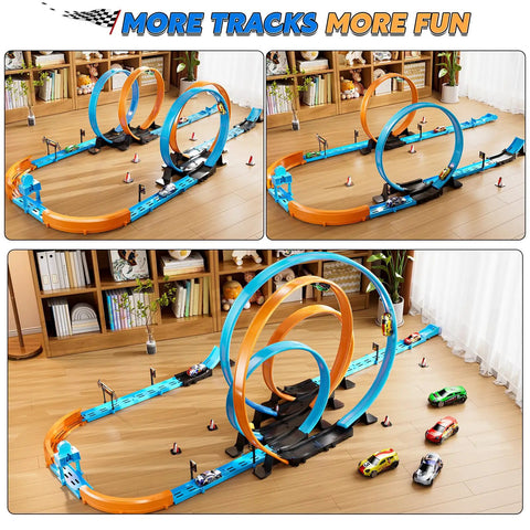 Epic Kids Race Track Gift Set With 35 Plus Pieces Four High Speed Die Cast Cars Four Action Loops And Endless Configurations setup