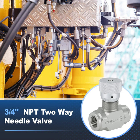 Close-up of 3/4" NPT two-way needle valve within hydraulic system, featuring stainless steel construction. Product focus: Three Quarter Inch NPT Ports Hydraulic Flow Control Needle Valve 5800 PSI Two Way Bidirectional For Hydraulic Oil And Gas Stainless Steel Heavy Duty Precision Flow Control.