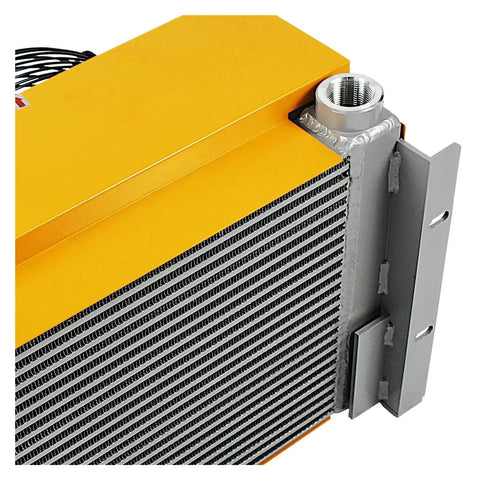 Close-up of Beast Cooling Plate Heat Exchanger and Air Cooler for CNC Machine Tool Oil System showing fin detail and connection