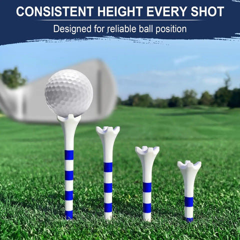 Durable Plastic Golf Tees 30 Pack Three And A Quarter Inch With Low Friction Four Prong Head on grass with golf ball