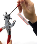 Hands using Heavy Duty Belt Hole Puncher For Leather 6 Size Revolving Hole Punch Tool With Ruler And Deburring File