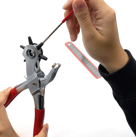 Hands using Heavy Duty Belt Hole Puncher For Leather 6 Size Revolving Hole Punch Tool With Ruler And Deburring File
