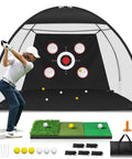 10x7Ft Golf Practice Net With Mat And Target Pockets for indoor and outdoor driving, golfer practicing swing