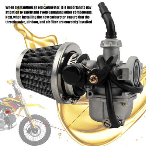 PZ19 19mm Carburetor Kit with air filter and zinc alloy construction on a white background with installation diagram