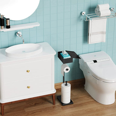 Bathroom with Free Standing Toilet Paper Holder With Storage Shelf Keeps Your Bathroom Neat And Tidy Holds Extra Toilet Paper Rolls Wet Wipes Feminine Products And Your Phone Or Coffee Cup In A Sleek Black Finish