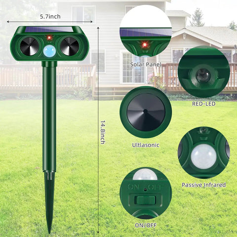 4 Pack Upgraded Sonic Ultrasonic Deer Repellent Devices With Solar Power Waterproof Outdoor Motion Sensor Deterrent For Cats Squirrels Rabbits Raccoons Skunks In Your Yard, 14.8-inch stake