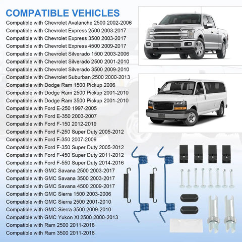 Rear Parking Brake Hardware Kit Compatible With Chevy Silverado Suburban Avalanche Express Dodge Ram Ford F Series GMC Savana Sierra Direct Replacement Fits 1500 2500 3500 And E250 E350 Vans with compatible vehicles list and product components.