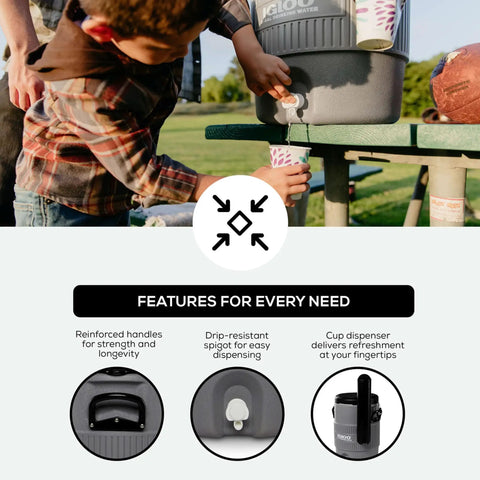 Five Gallon Portable Sports Cooler And Water Dispenser With Flat Seat Lid Tailgate Ready Insulated Beverage Dispenser In Gray And Black Recessed Drip Resistant Spigot Reinforced Handles Lid Keeper UV Protected Infrared Technology