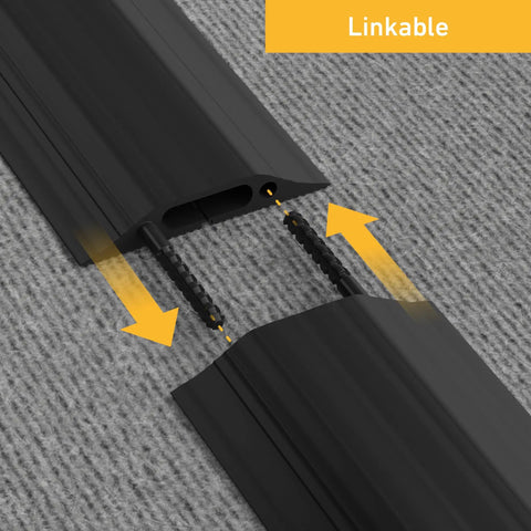 Linkable 30ft Floor Cord Cover Cable Protector, heavy duty black PVC, showing connector detail, Made in USA, 1.18x0.39 in high