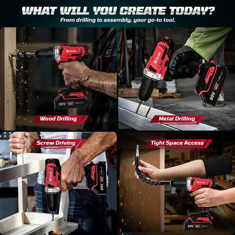 Image showing a 20V Cordless Power Drill Set With Dual 2000mAh Batteries 30Nm Torque 21 And 1 Clutch Settings used for wood and metal drilling, screw driving, and tight space access.