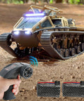 RC Military Tank With Bright LED Lights 2 4G Remote Control 1 16 Scale All Terrain Vehicle Dual Motor Drive Door Open Yellow Full Proportional Tank With Two Batteries in action outdoors