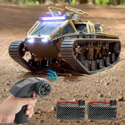 RC Military Tank With Bright LED Lights 2 4G Remote Control 1 16 Scale All Terrain Vehicle Dual Motor Drive Door Open Yellow Full Proportional Tank With Two Batteries in action outdoors