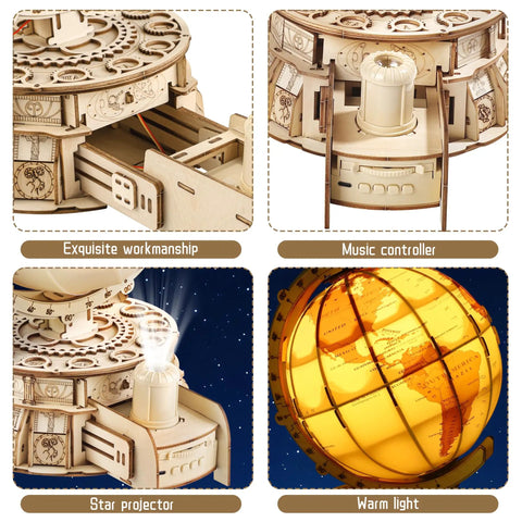 3D Wooden Globe Puzzle For Adults With Stand Illuminated Globe DIY Model Kit Built In LED Music And Starry Projector Epic STEM Gift For Adults And Teens Perfect Desk Display For Home Office Decor And A Fun Night Light That Sparks Curiosity And Travel., illuminated wooden globe puzzle with stand, LED projector