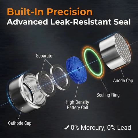 Diagram showing components of Rock Solid Lr41 Button Cell Batteries 10 Pack Alkaline Power Cells, leak-resistant seal design.