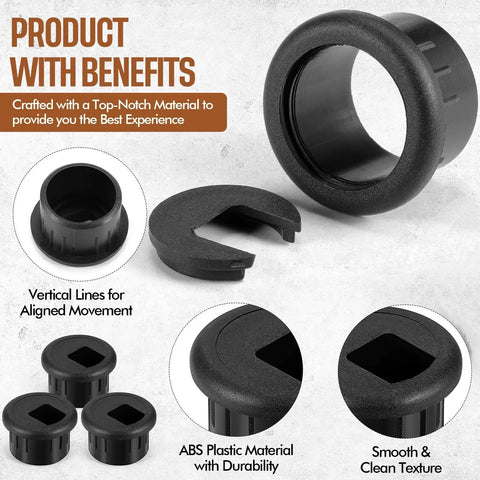 10 Pack Desk Grommets Plastic Cable Hole Covers For Wire Management Black 1 Inch Grommets close up and detail view