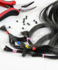 Hair Extensions Tools Kit With Plier Hook Needle Tool And 600 Silicone Micro Beads For Micro Bead Weaving Tinsel Beads Set For DIY Hair Extensions Easy Pulling And Hooking Pro Grade Bead Bonding Kit, red plier with black hair strands and micro beads