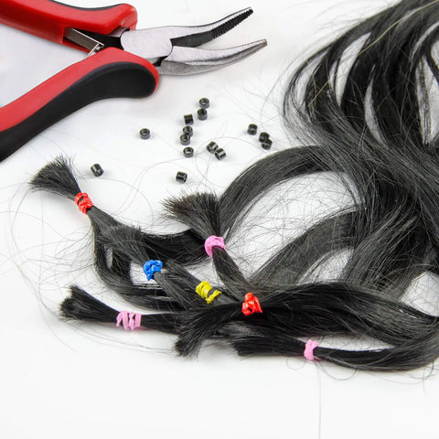 Hair Extensions Tools Kit With Plier Hook Needle Tool And 600 Silicone Micro Beads For Micro Bead Weaving Tinsel Beads Set For DIY Hair Extensions Easy Pulling And Hooking Pro Grade Bead Bonding Kit, red plier with black hair strands and micro beads