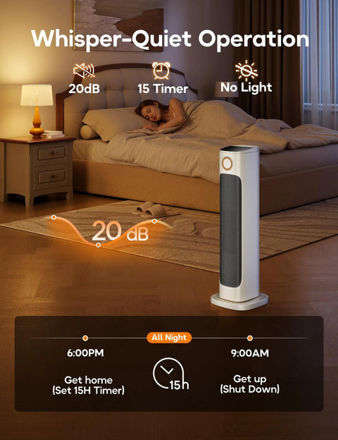 Instant Heat 1500W Infrared Tower Space Heater With Remote Three Hot Modes And Fan displayed in a quiet bedroom setting