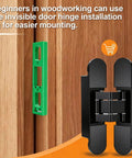 Dead Simple Slick Hidden Door Hinges Heavy Duty Zinc Alloy Concealed Hinge Brackets displayed with installation jig on wooden door.