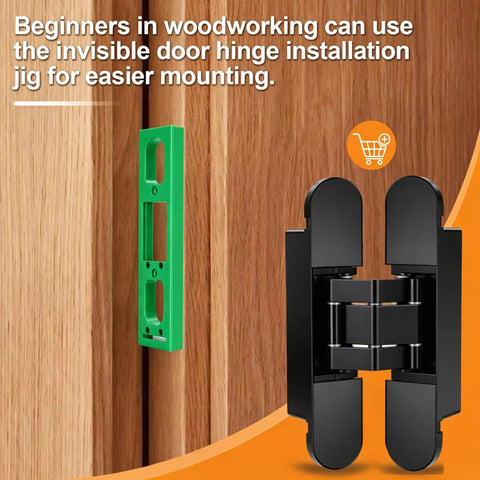 Dead Simple Slick Hidden Door Hinges Heavy Duty Zinc Alloy Concealed Hinge Brackets displayed with installation jig on wooden door.