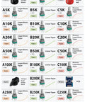 Vertical PCB Mount Potentiometer Kit, 100 Pieces, 9mm Pot, 15mm Shaft, various tapers and values in grid layout