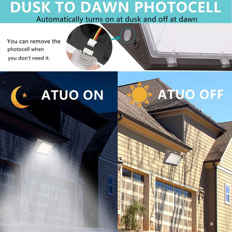 Dimmable 100W LED Wall Pack Light With Dusk to Dawn Photocell, 100-277V, 14000LM shown on building facade at night and day