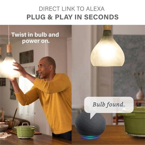 Man installing Alexa Compatible Color Changing Smart Bulbs 10 Pack With Auto Pairing E26 60W Equivalent, smart speaker indicating bulb found.